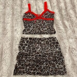 sheer lace leopard print cami top and skirt set